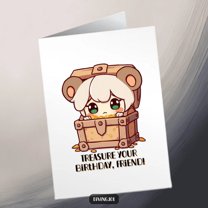 Funny Free Printable Birthday Card: Character eyes sparkling with surprise finding a treasure chest, celebrating a momentous birthday discovery.