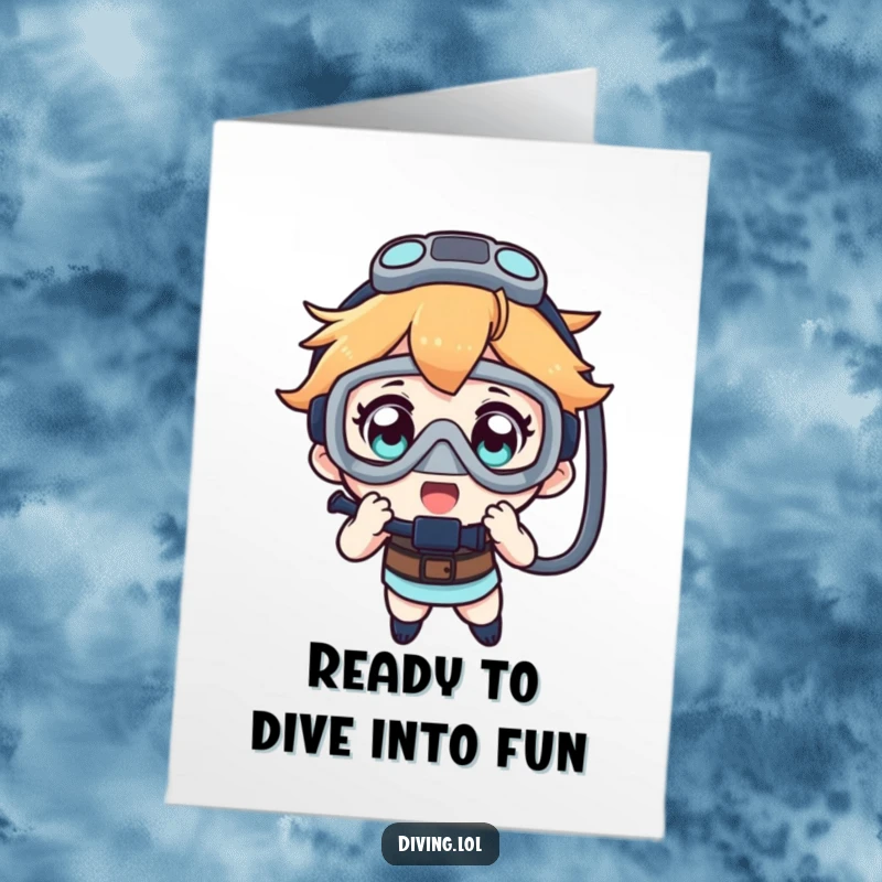 Funny Free Printable Birthday Card: Excited diver character marveling at a dive mask, ready for adventure.