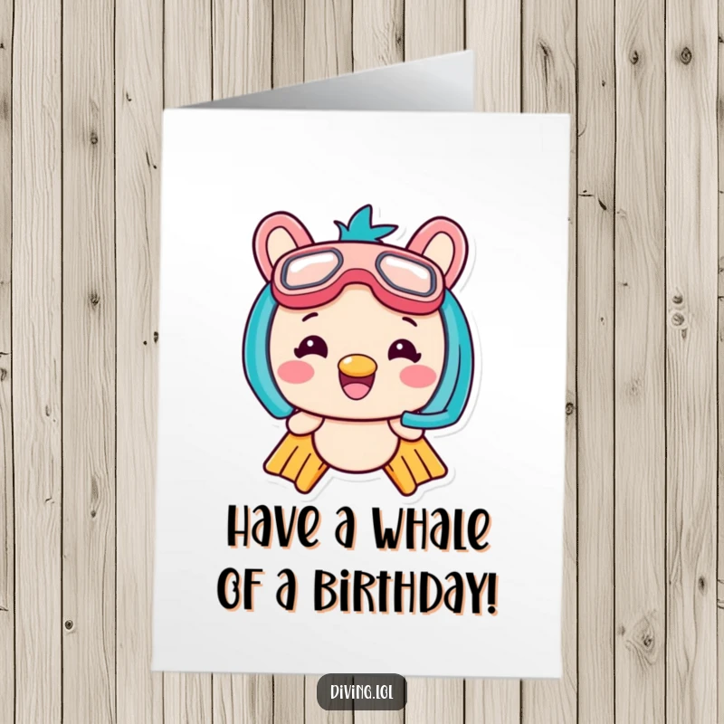 Funny Free Printable Kawaii Diver Birthday Card: Cute kawaii character grinning widely, sporting oversized flippers and a snorkel for birthday fun.