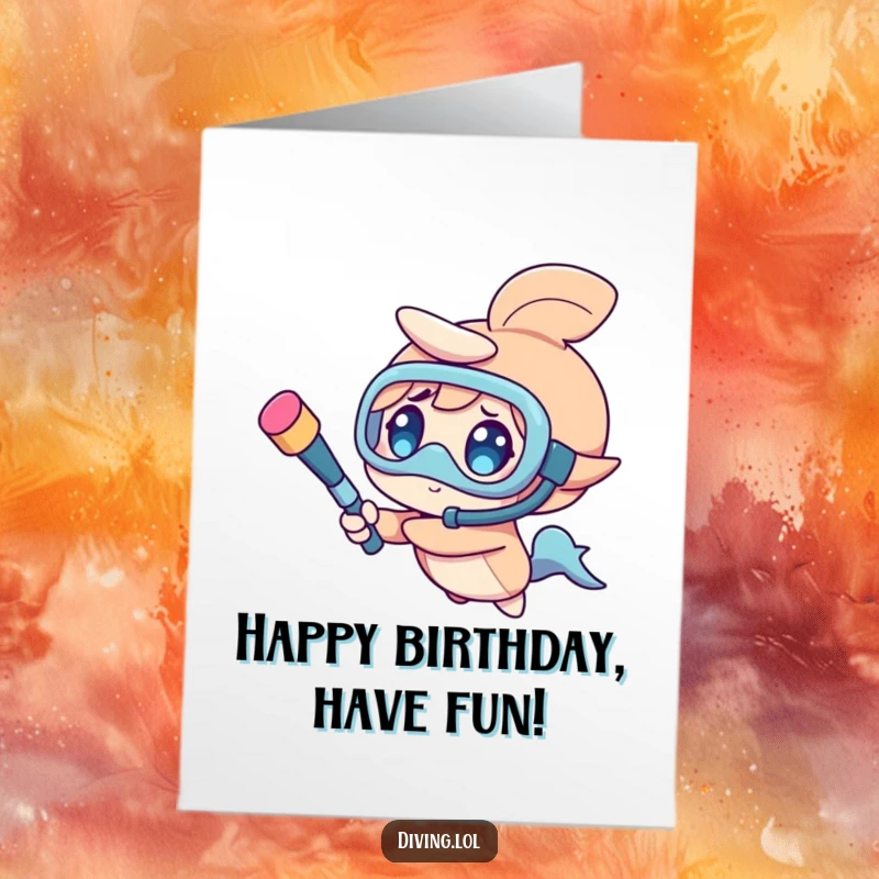 Funny Free Printable Birthday Card: Character joyfully spinning a snorkel like a baton, pure unadulterated fun.