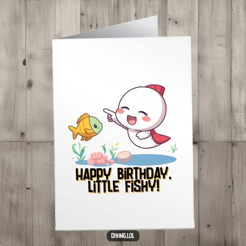 Funny Free Printable Birthday Card: An excited character pointing at a playful, colorful fish swimming nearby.