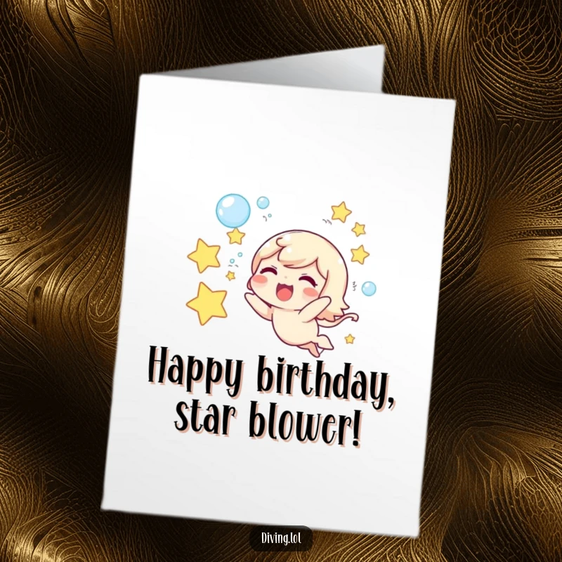 Funny Free Printable Birthday Card: A cute character joyfully blows underwater bubbles that magically form shining stars.