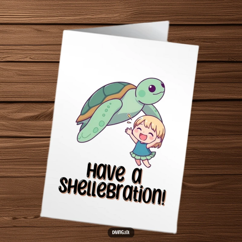 Funny Free Printable Birthday Card: Cute character joyfully waving with excitement at a passing sea turtle.