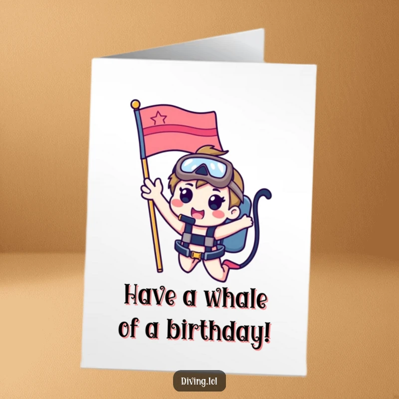 Funny Free Printable Birthday Card showing a cute character happily waving from atop a vibrant dive flag.