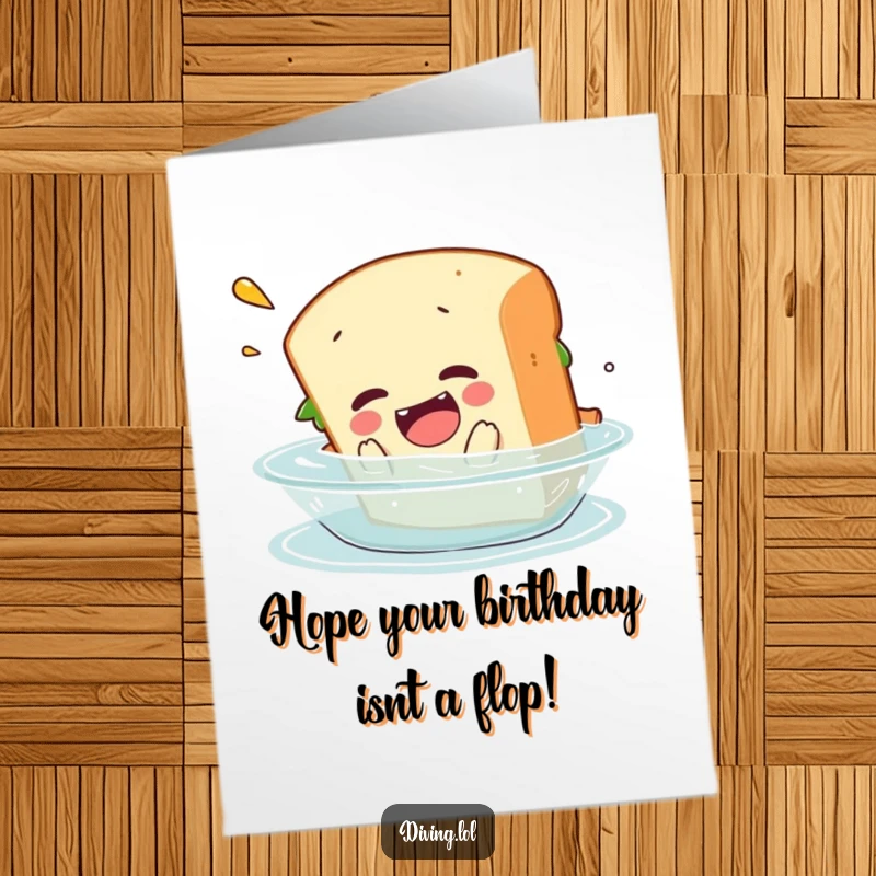 Funny Free Printable Birthday Card: A clumsy sandwich character executes a comical belly flop into water, pure birthday humor.