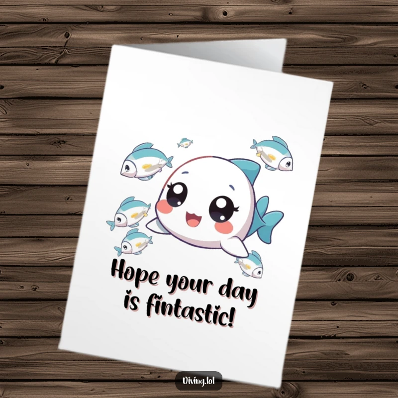Funny Free Printable Fish Chaser Birthday Card: Tiny character with wide, delighted eyes gleefully chasing a school of colorful fish.