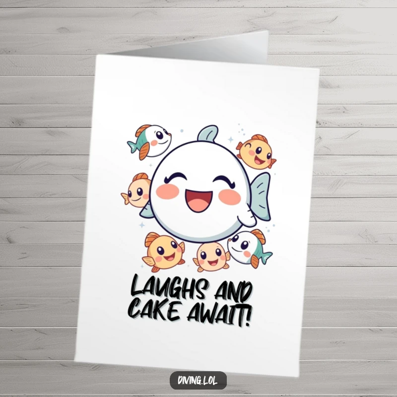 Funny Free Printable Birthday Card: Bubbly icon laughing surrounded by curious fish, underwater party, DIY gift.