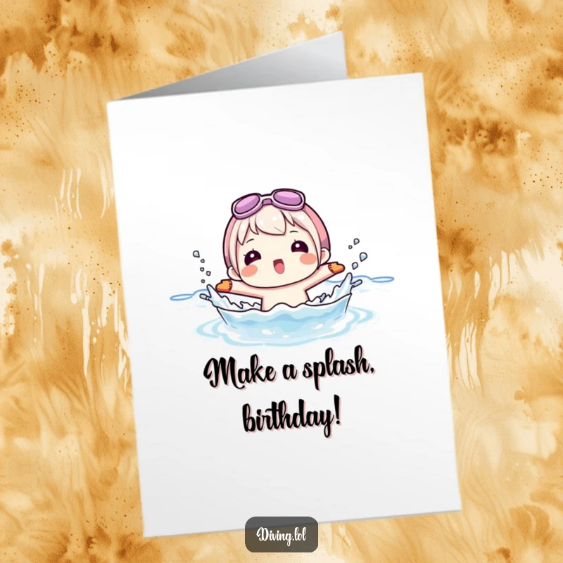 Funny Free Printable Birthday Card: Character wearing flippers playfully splashes water, celebrating a birthday in a fun way.