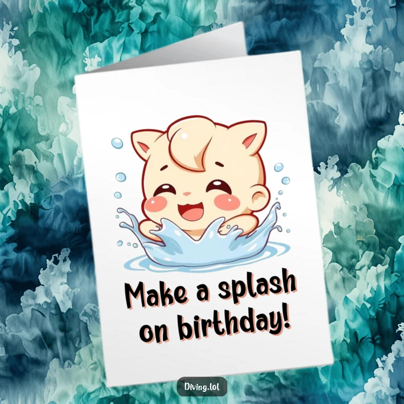 Funny Free Printable Birthday Card: Character gleefully splashing water, playful grin, water droplets flying, celebrating.