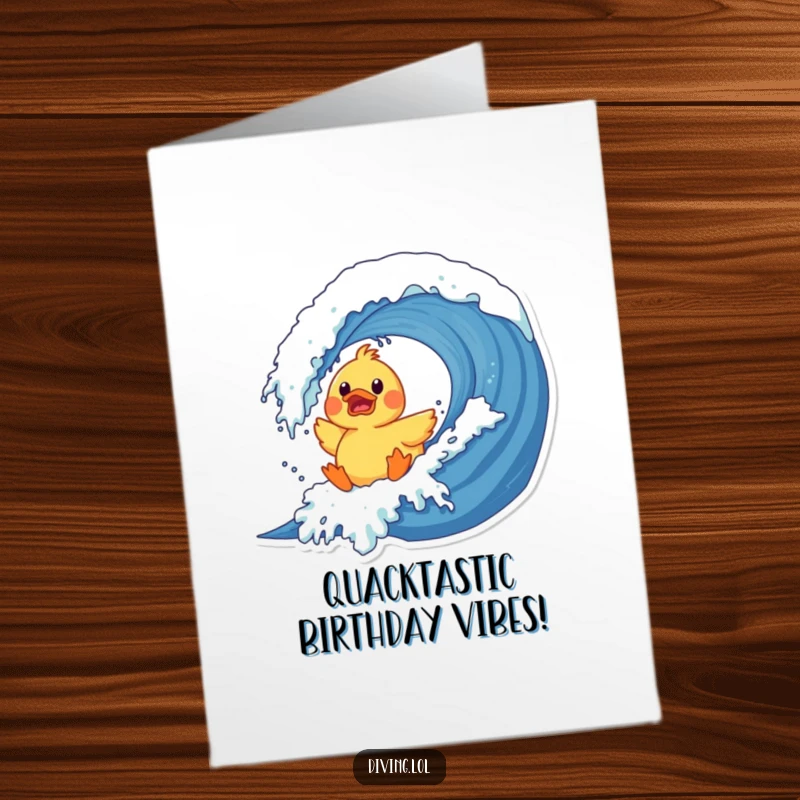 Funny Free Printable Birthday Card: A surprised rubber duck crashes into a giant wave, a comical splash.