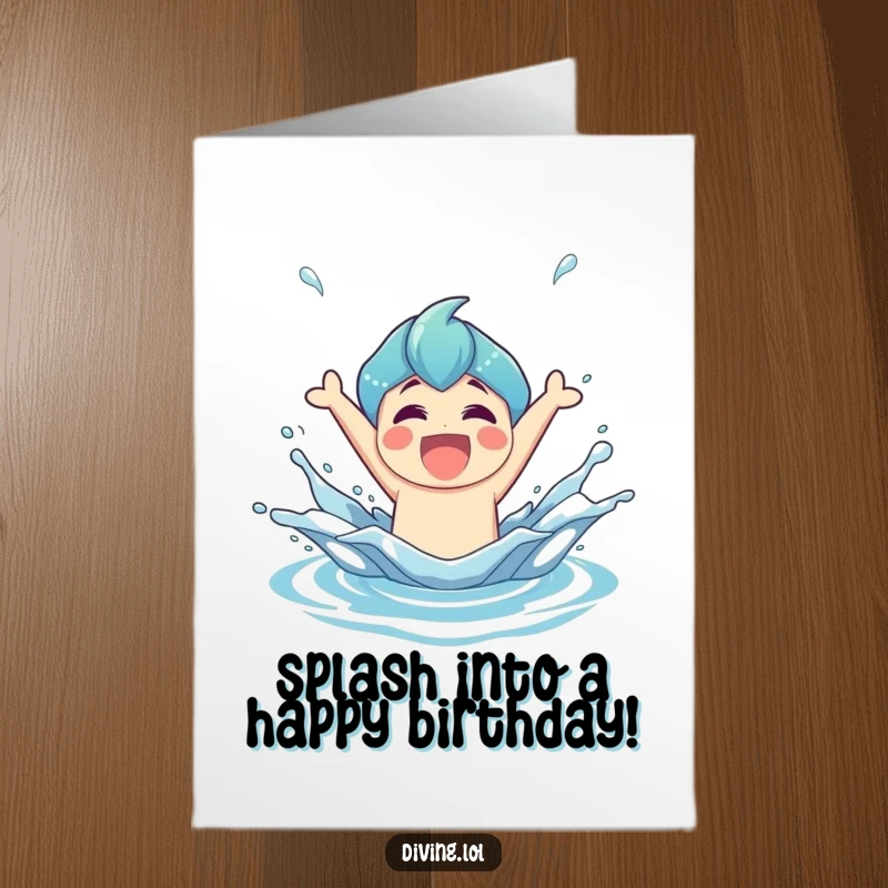 Funny Free Printable Birthday Card of a joyful character bursting triumphantly from the water with an exhilarating splash.