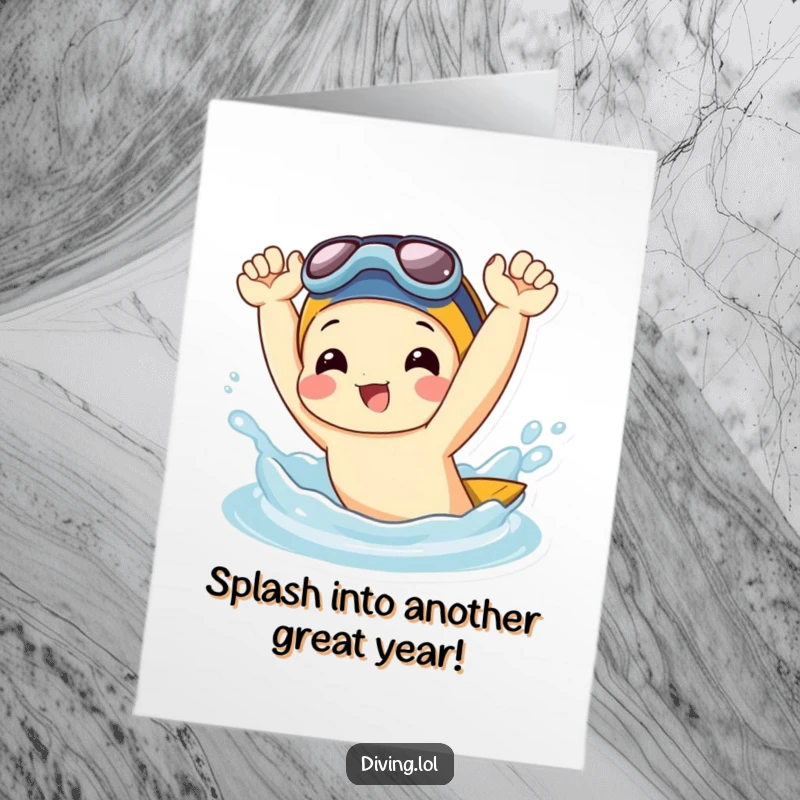 Funny Free Printable Birthday Card: Joyful character gleefully splashing water, flippers held high in a hilarious birthday wish.