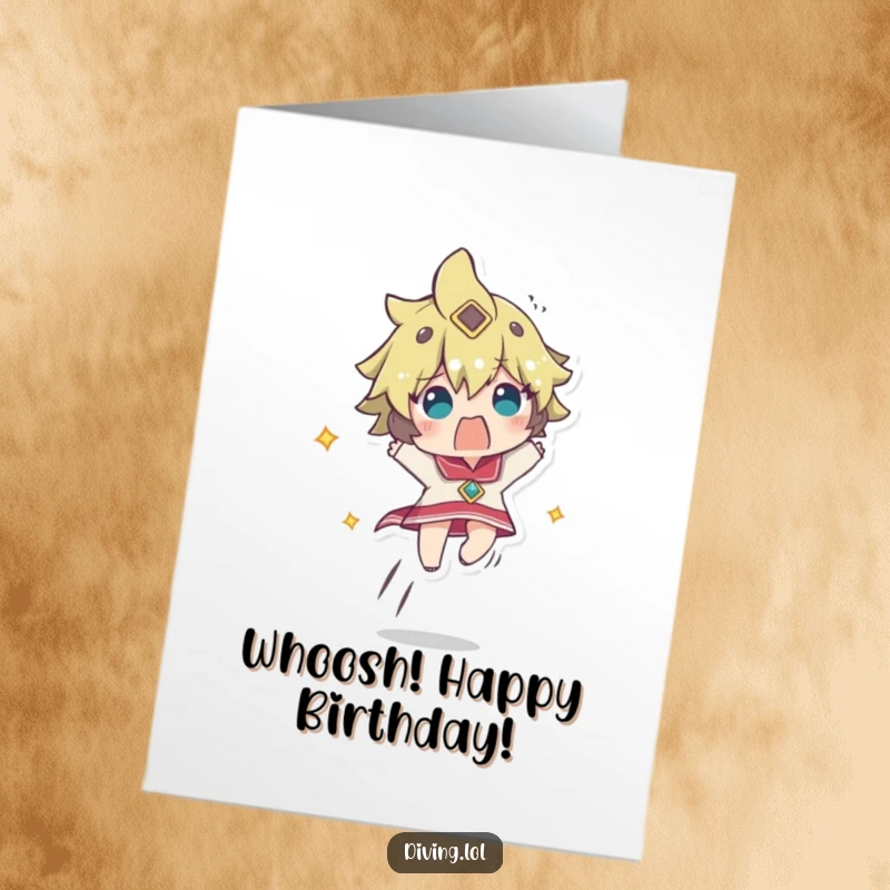 Funny free printable birthday card featuring a character rocketing upwards with a comically shocked expression.