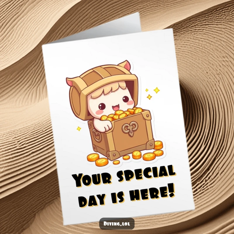 Funny Free Printable Birthday Card: Cute character beaming, holding a treasure chest bursting with sparkling gold coins.