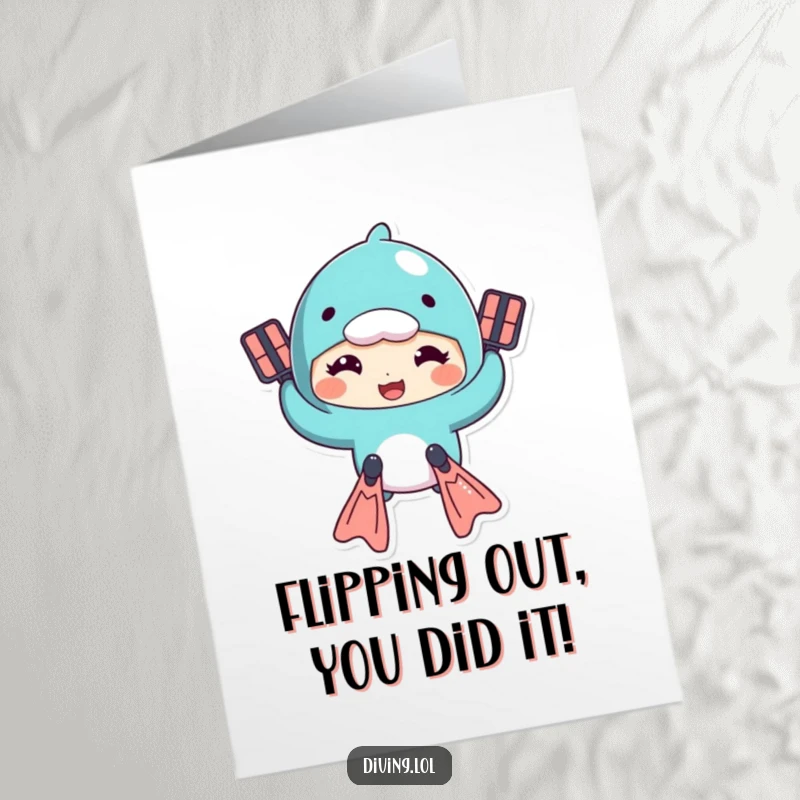 Funny Free Printable Congratulations Card: Character with flippers on, making a funny swimming motion and goofy face, celebrating an achievement.