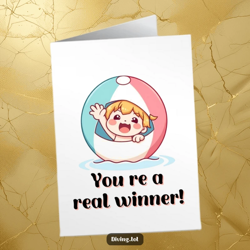 Free Printable congratulations card showing a character waving happily while on a bobbing beach ball.