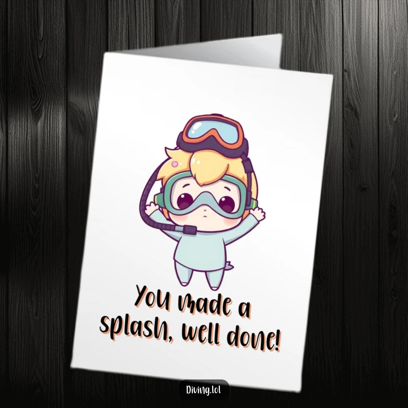 Funny Free Printable Congratulations Card: Character with a dive mask on head cheers with delight after success.