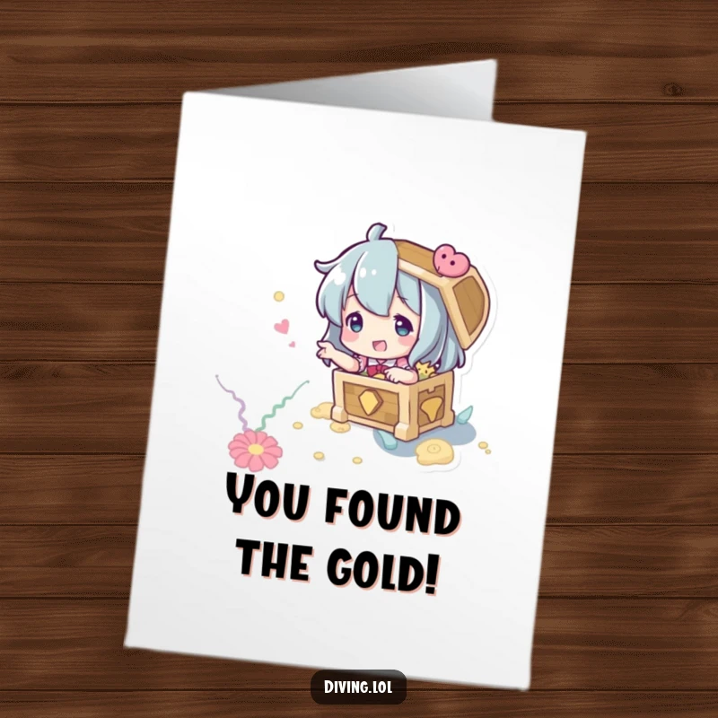 Funny Free Printable Congratulations Card: Character gesturing playfully towards an imaginary treasure chest on the ocean floor, celebrating discovery.