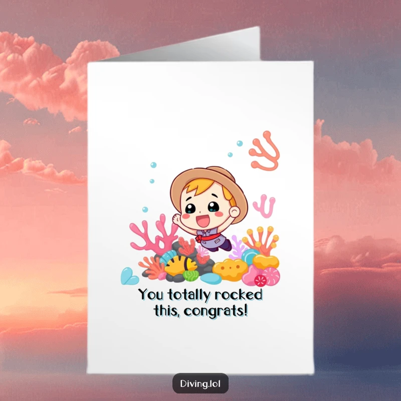 Funny Free Printable Congrats Card featuring an excited explorer marveling at a colorful coral reef, conveying pure celebratory delight.