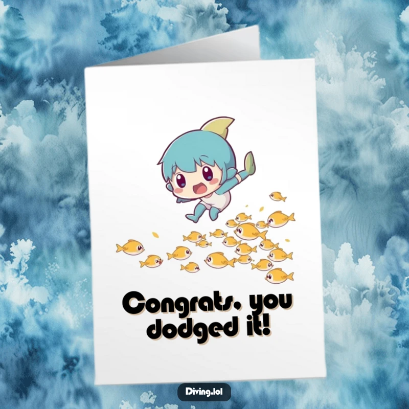 Funny Free Printable Congratulations Card: Character leaping in surprise while dodging tiny fish, a playful depiction of navigating challenges.