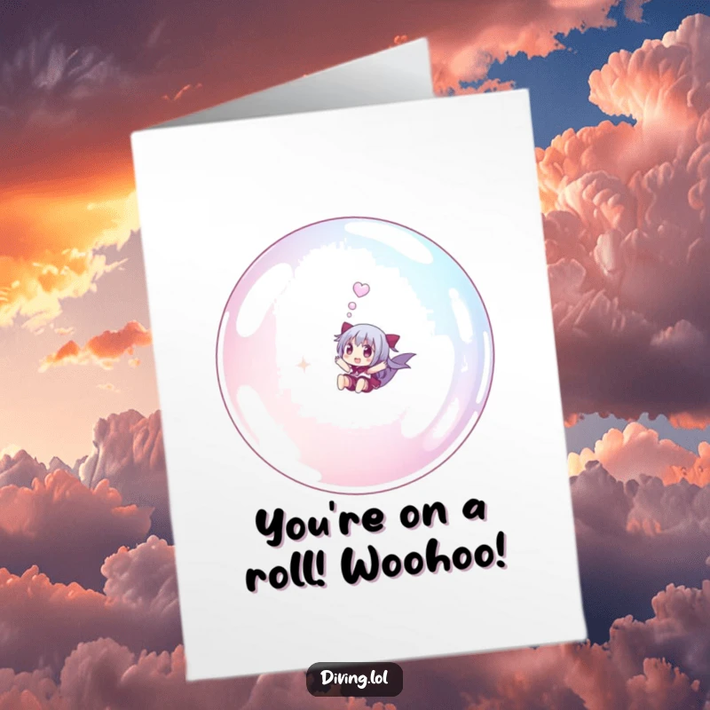 Funny Free Printable Congratulations Card: Character joyfully riding giant bubble underwater, celebrating success, whimsical decor, downloadable art.