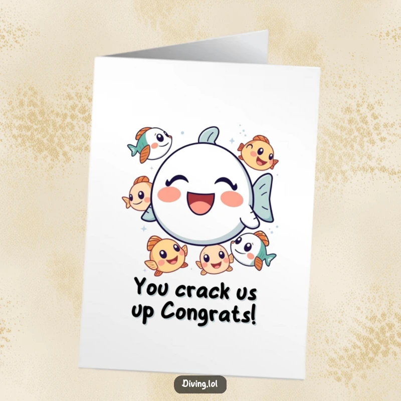 Funny Free Printable Congratulations Card: Bubbly icon laughing surrounded by curious fish, celebrating success, underwater art, downloadable.