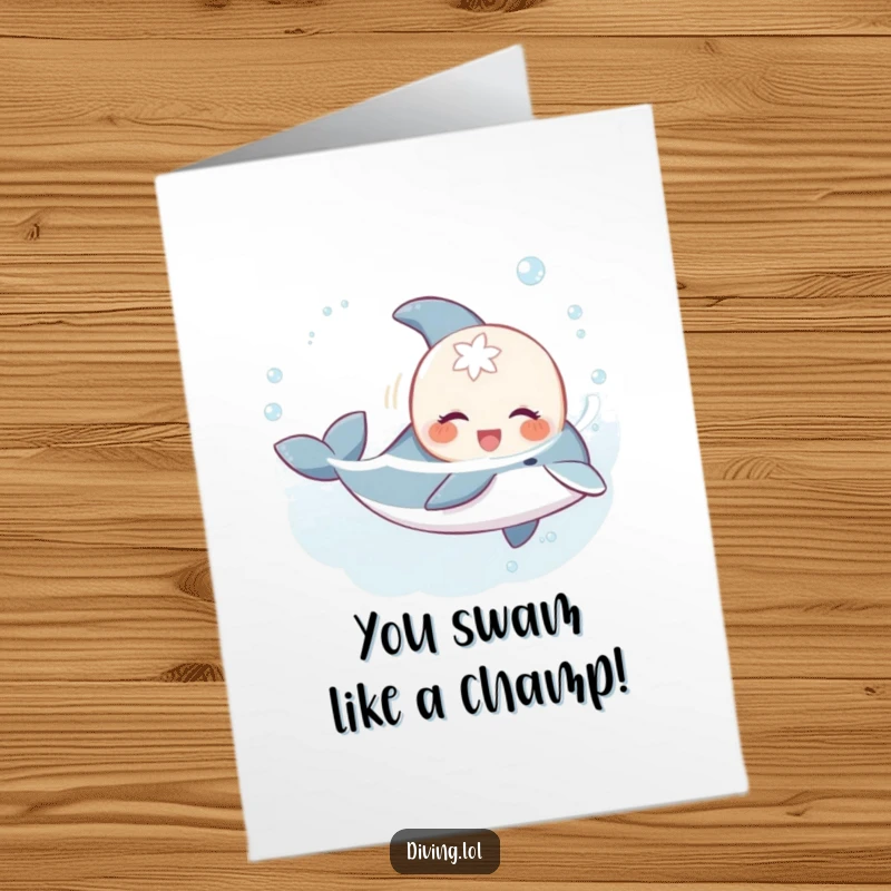Funny Free Printable Congratulations Card: Sweet creature gleefully swimming with playful dolphin, celebrating success, underwater art, downloadable.