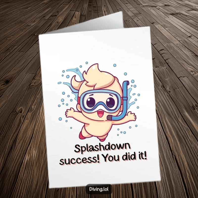 Funny Free Printable Congratulations Card: Character diving with snorkel, making a big splash, celebrating success, downloadable art.