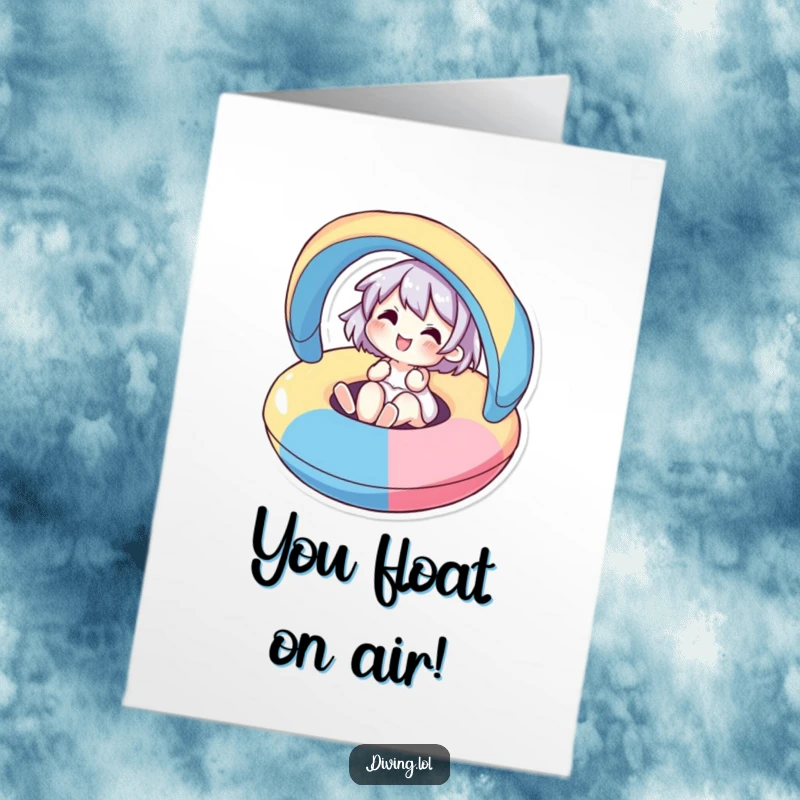 Funny Free Printable Congrats Card: A joyful character happily floats on a colorful inflatable, perfect for celebrating achievements.