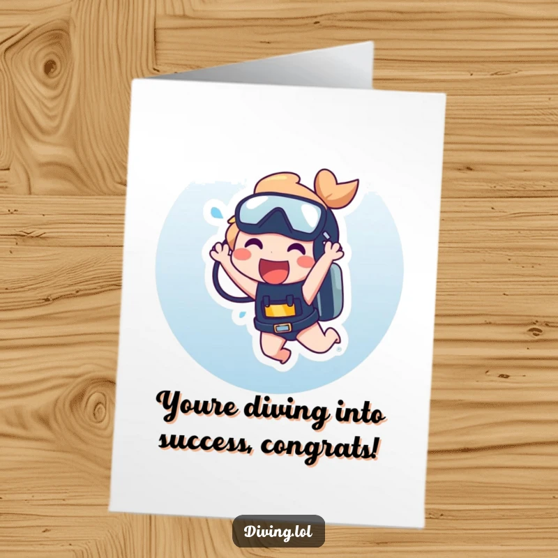 Funny Free Printable Congrats Card: Character laughing while dangling from a scuba tank, celebrating success with hilarious abandon.
