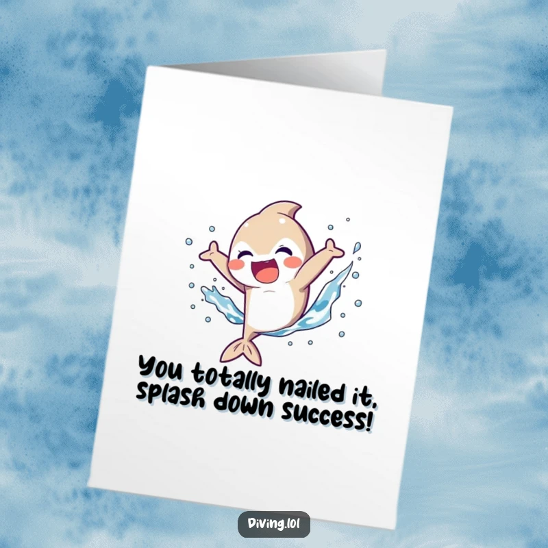 Funny Free Printable Congrats Card: Character kicking fins with a joyful splash, celebrating success with aquatic glee.