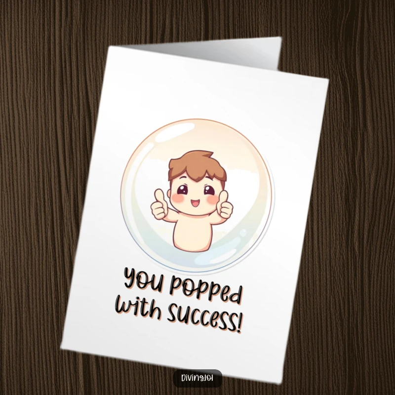 Funny Free Printable Congratulations Card: Character giving two enthusiastic thumbs up while floating inside a giant, clear bubble, celebrating success.