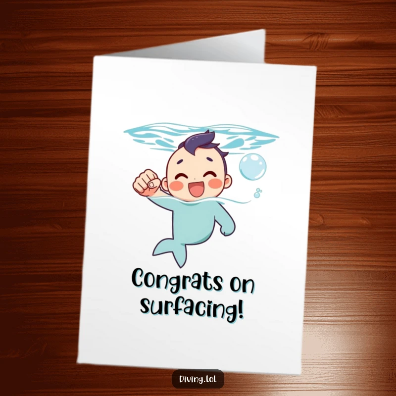 Funny Free Printable Congratulations Card: Character emerging from water with a fist pump and happy bubble, symbolizing achievement.