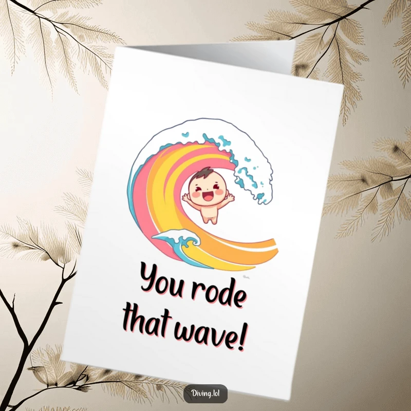 Funny Free Printable Congratulations Card: Cheerful character plunging headfirst into a bright, energetic ocean wave, symbolizing a triumphant dive.