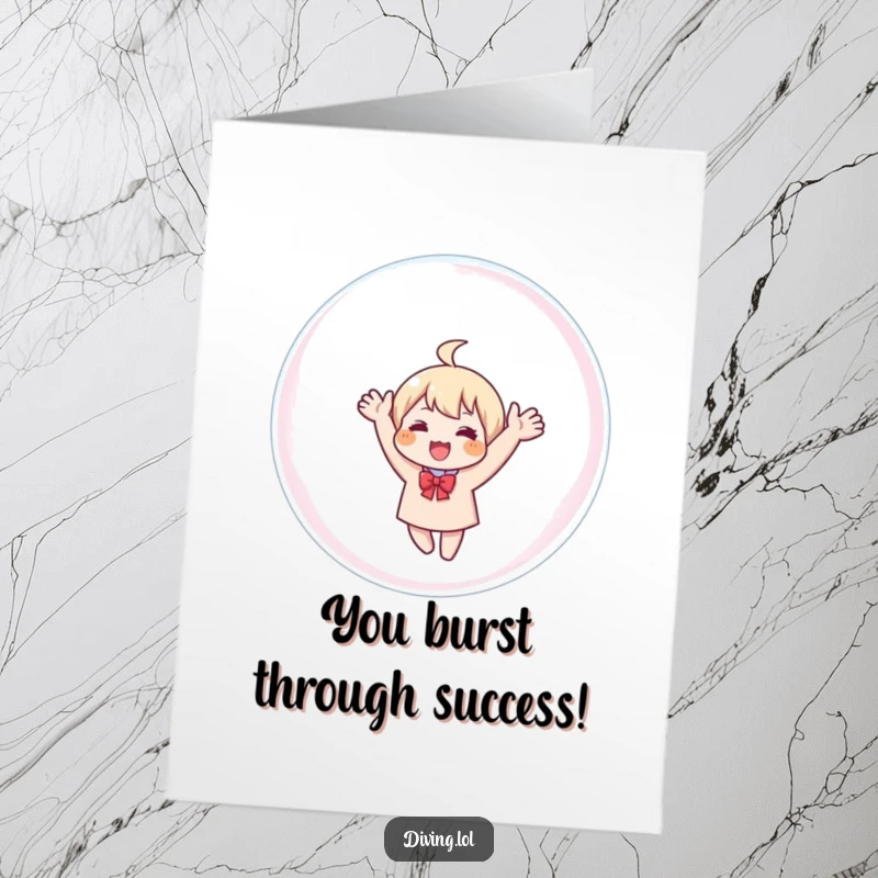 Funny Free Printable Congratulations Card: Character joyfully waving from inside a large, clear bubble, symbolizing a happy surprise.