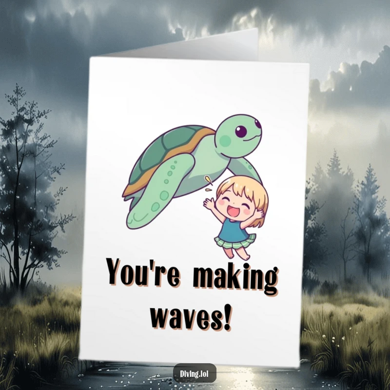 Funny Free Printable Congratulations Card: Character joyfully waving at a sea turtle, celebrating success.