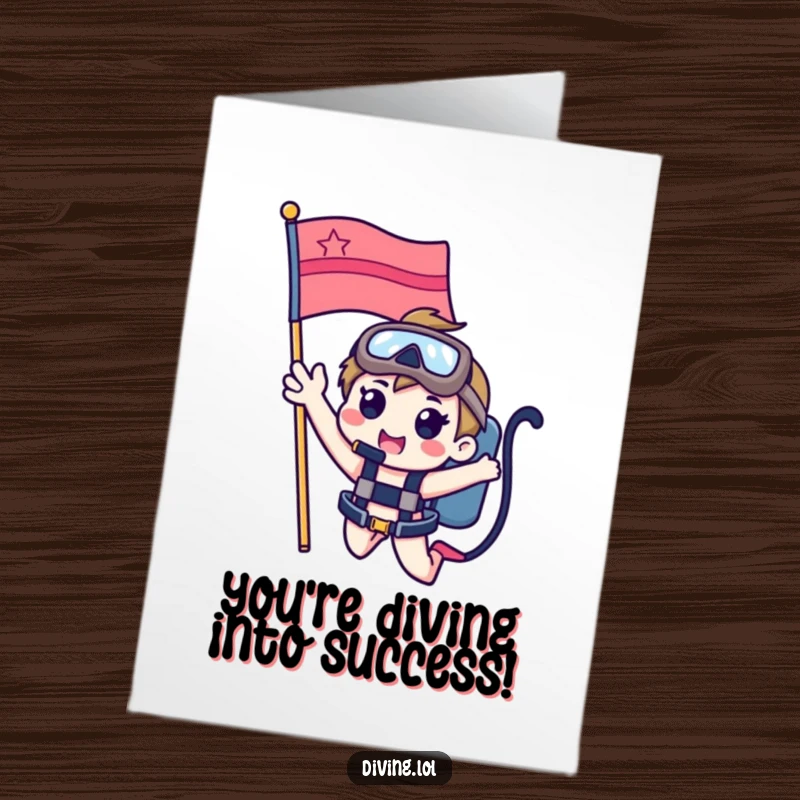 Funny Free Printable Congratulations Card: A cute character waves joyfully from a dive flag, celebrating your achievement.