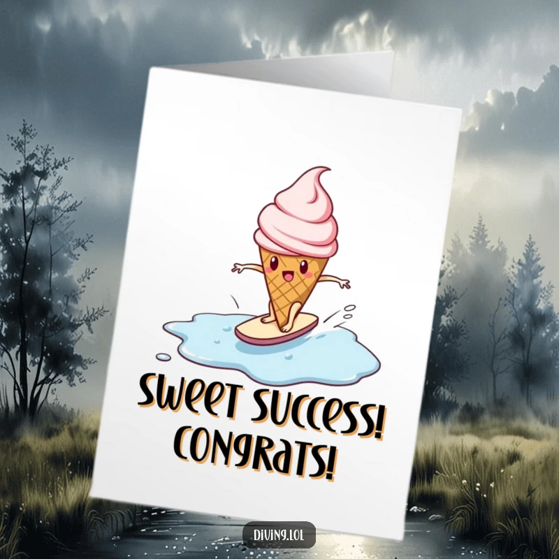 Funny Free Printable Congratulations Card: Determined ice cream cone character surfing a melting puddle, celebrating success with humor.