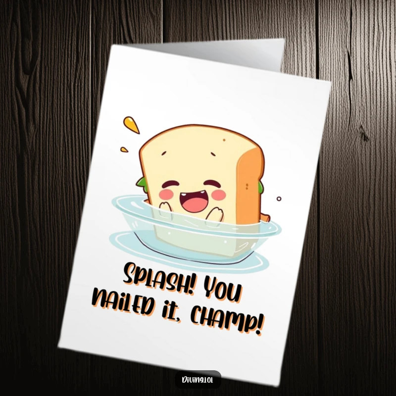 Funny Free Printable Congratulations Card: A clumsy sandwich character belly-flopping into water, celebrating achievement with humor.