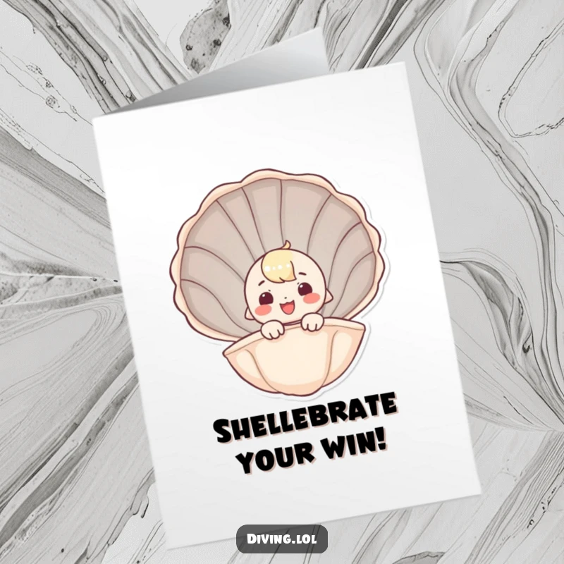 Funny Free Printable congratulations card showing a whimsical character smiling as they peek out from a giant seashell, sharing good news.
