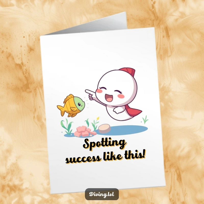 Funny Free Printable Congratulations Card: An excited character pointing enthusiastically at a small, playful fish.