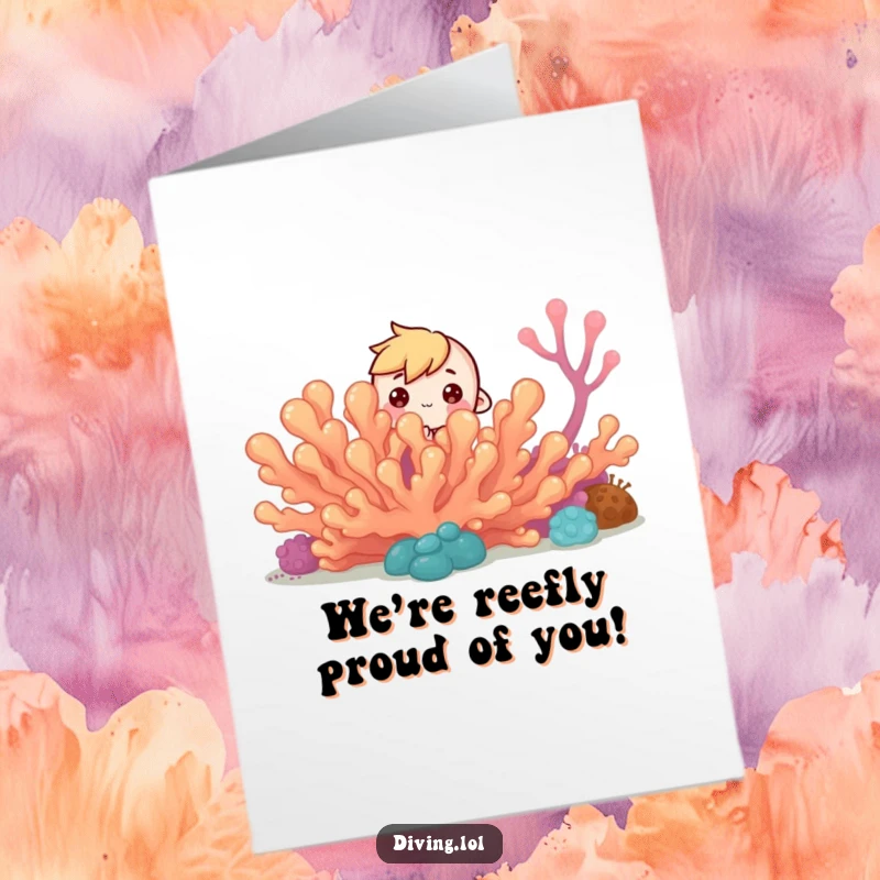 Funny Free Printable Congratulations Card: a curious character peeking from behind a coral reef, celebrating milestones.