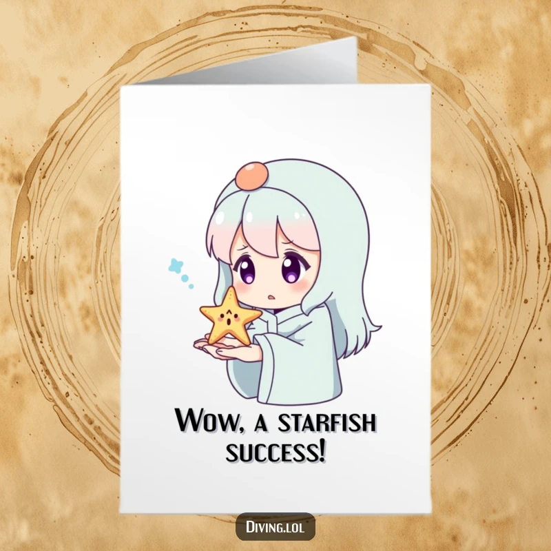 Funny Free Printable Congratulations Card: Character's surprised face as a tiny, cheerful starfish rests on their hand, signifying a happy surprise.