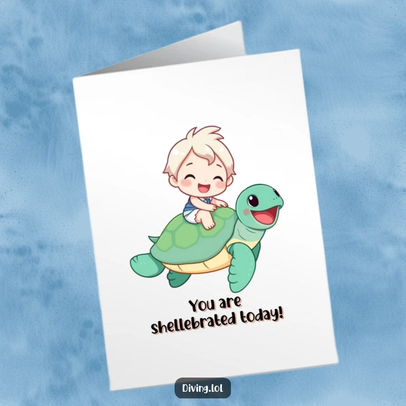 Funny Free Printable Congratulations Card showing a character joyfully riding a sea turtle, celebrating success with a big smile.