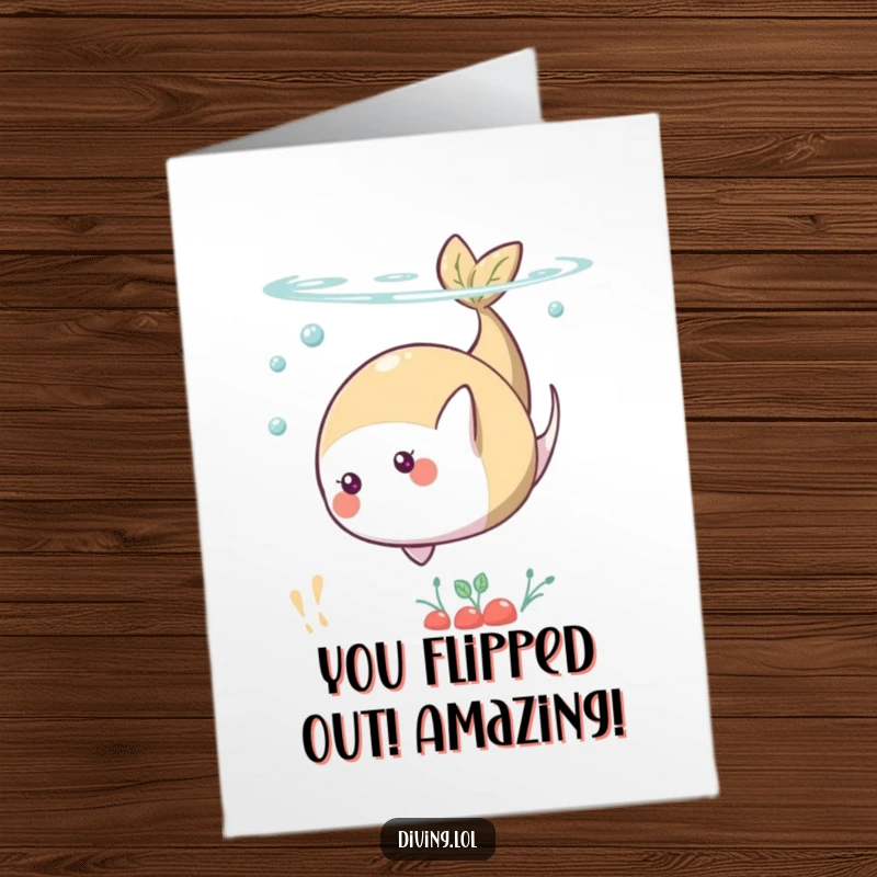 Funny Free Printable Congratulations Card: A playful food item character doing a somersault underwater, marking success with humor.