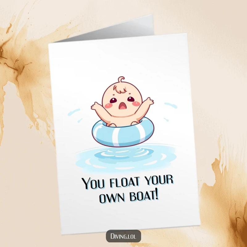 Funny free printable congratulations card showing a surprised chubby character joyfully bouncing on a pool float.