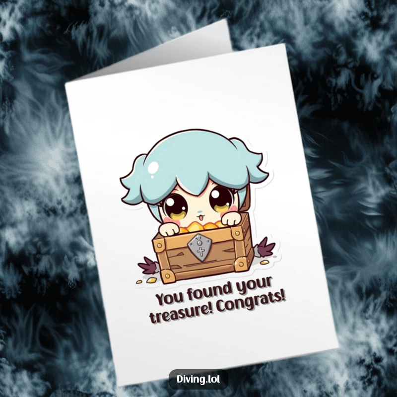 Funny Free Printable Congratulations Card: Character ecstatic over a found treasure chest, ideal for a unique downloadable gift.