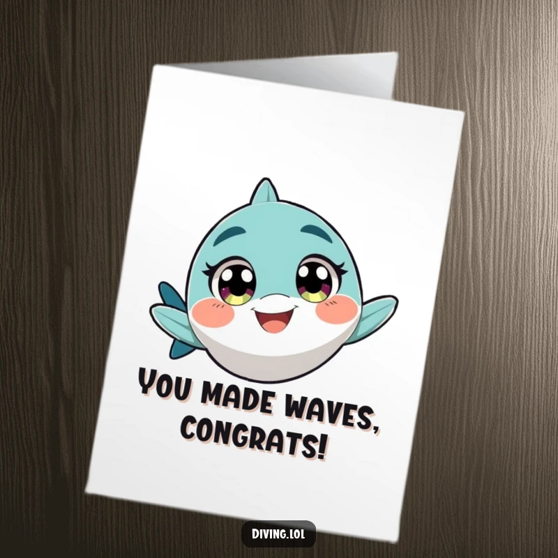 Funny Free Printable Congrats Card: A character with excited eyes swims fast with a grin, celebrating your speedy success.