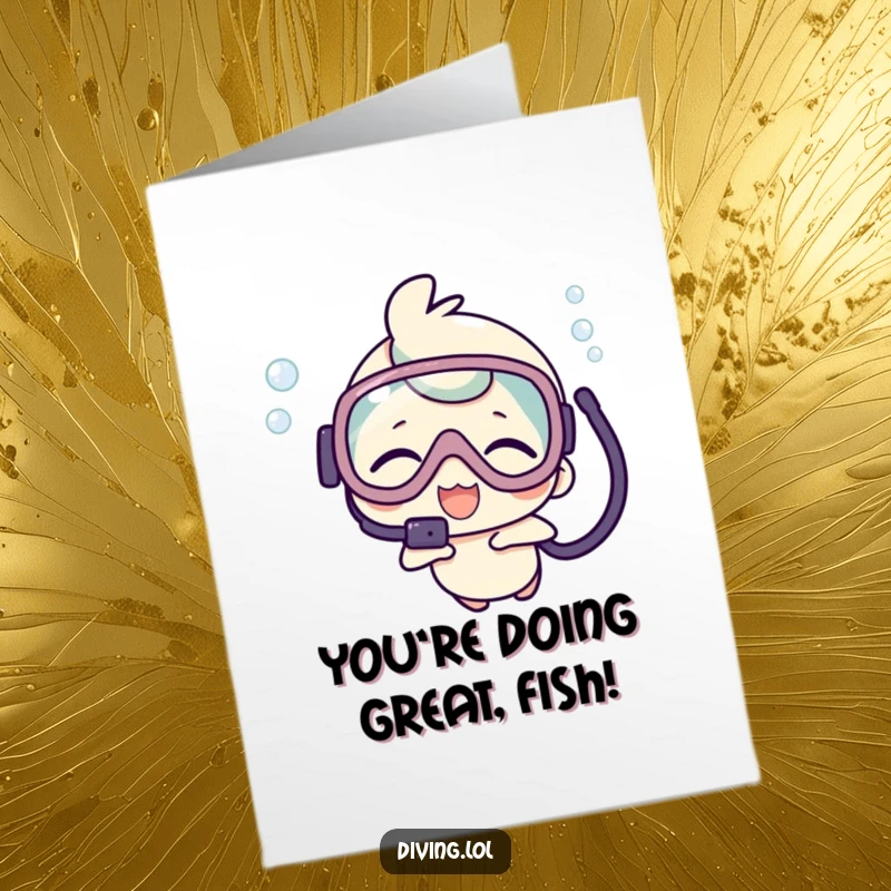 Funny Free Printable Congratulations Card: Kawaii character in scuba gear, giggling underwater, celebrating success, downloadable art.