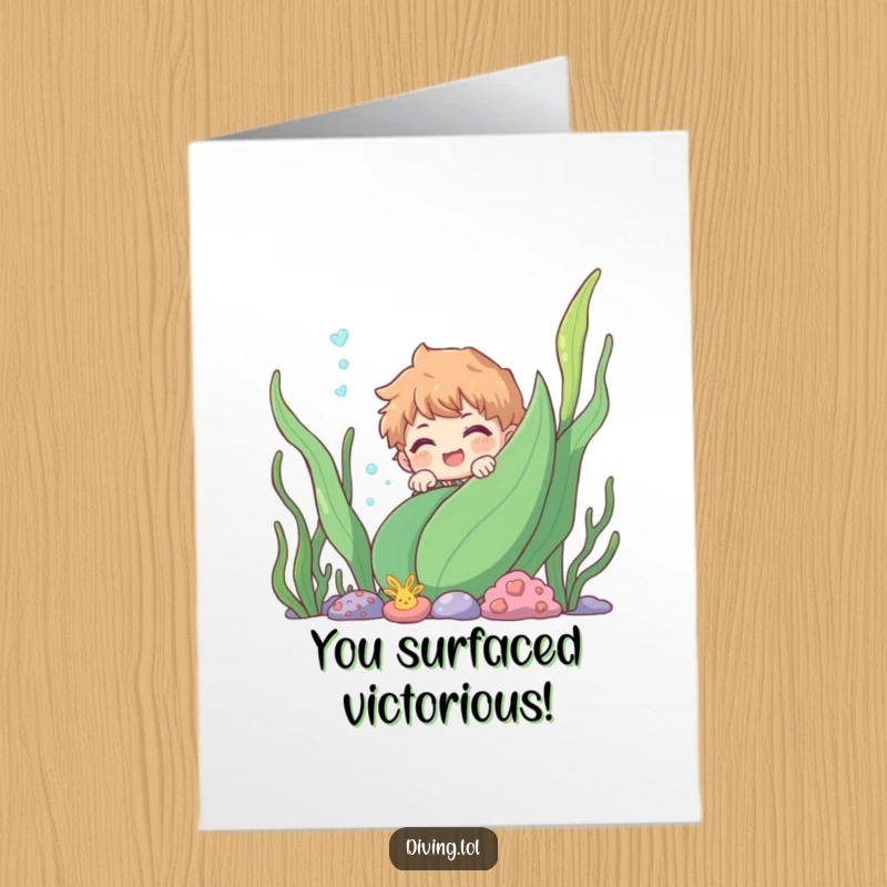 Free Printable congratulations card featuring a smiling character peeking from behind an underwater plant.